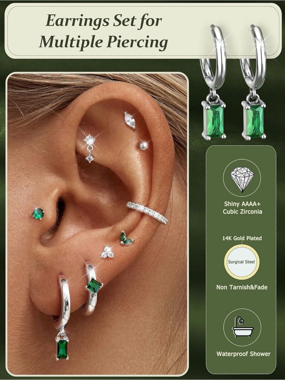 9 pairs silver plated steel hoops and flat back earrings - silver and emerald cz - Picture 2 of 5